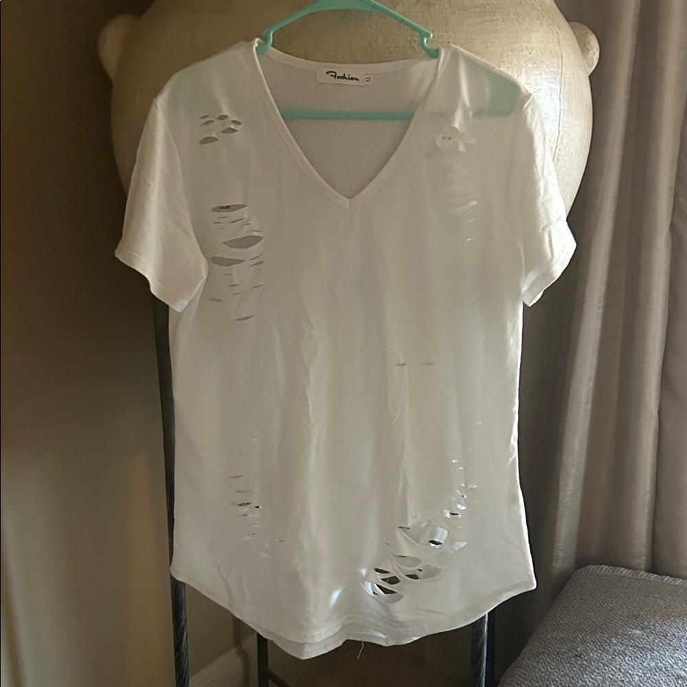 Fashion Nova Cream Distressed V-Neck Tee
